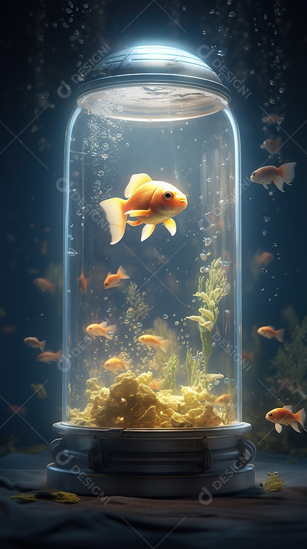 Um lindo peixinho dourado exótico dentro de um aquário cilíndrico