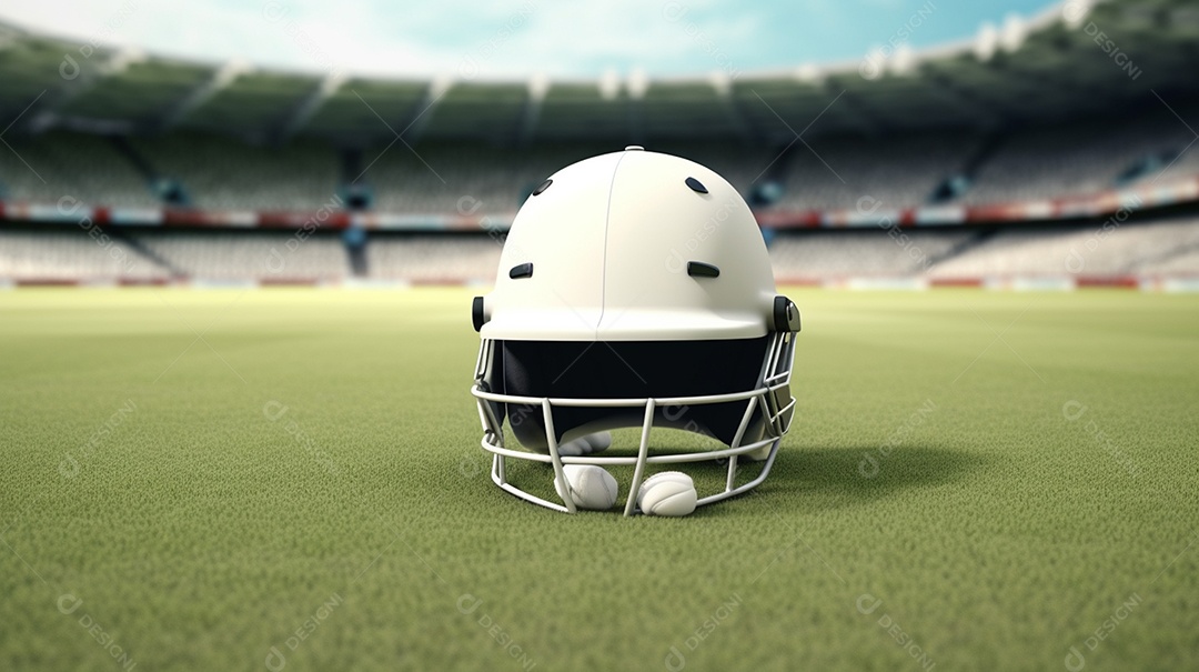Ilustração 3D do capacete de críquete brilhante na grama. Esta cena é gerada através de inteligência artificial.