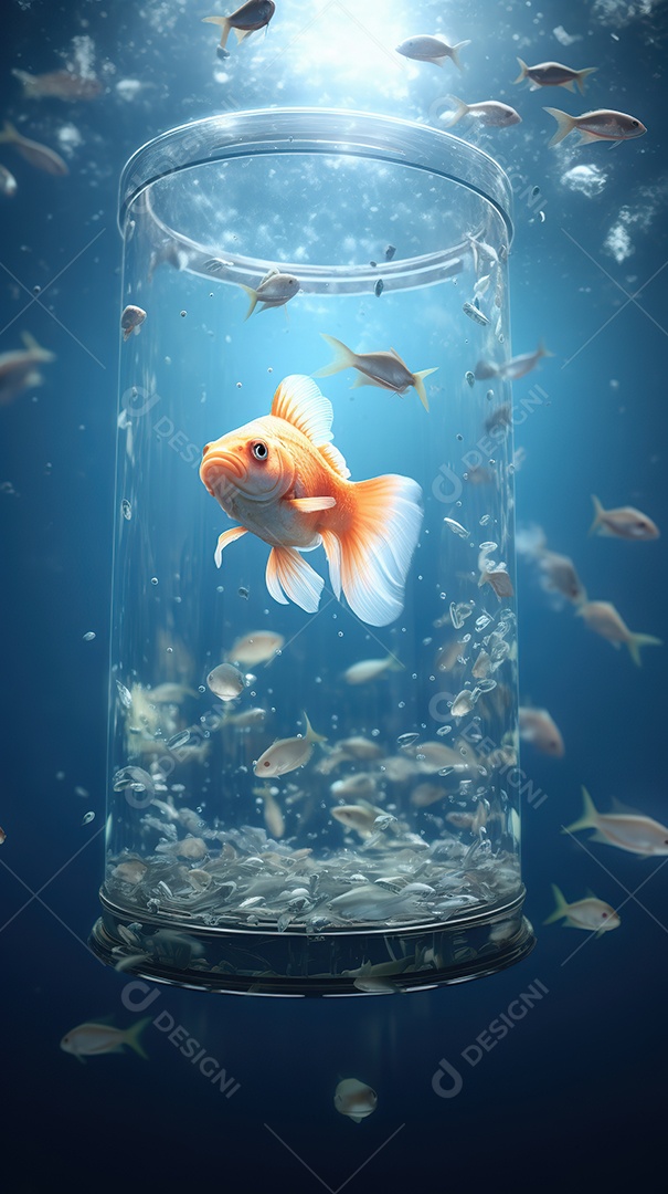 Um lindo peixinho dourado exótico dentro de um aquário cilíndrico