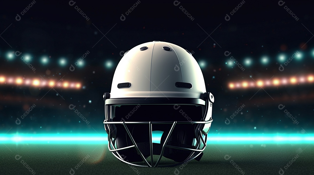Ilustração 3D do capacete de críquete brilhante na grama. Esta cena é gerada através de inteligência artificial.