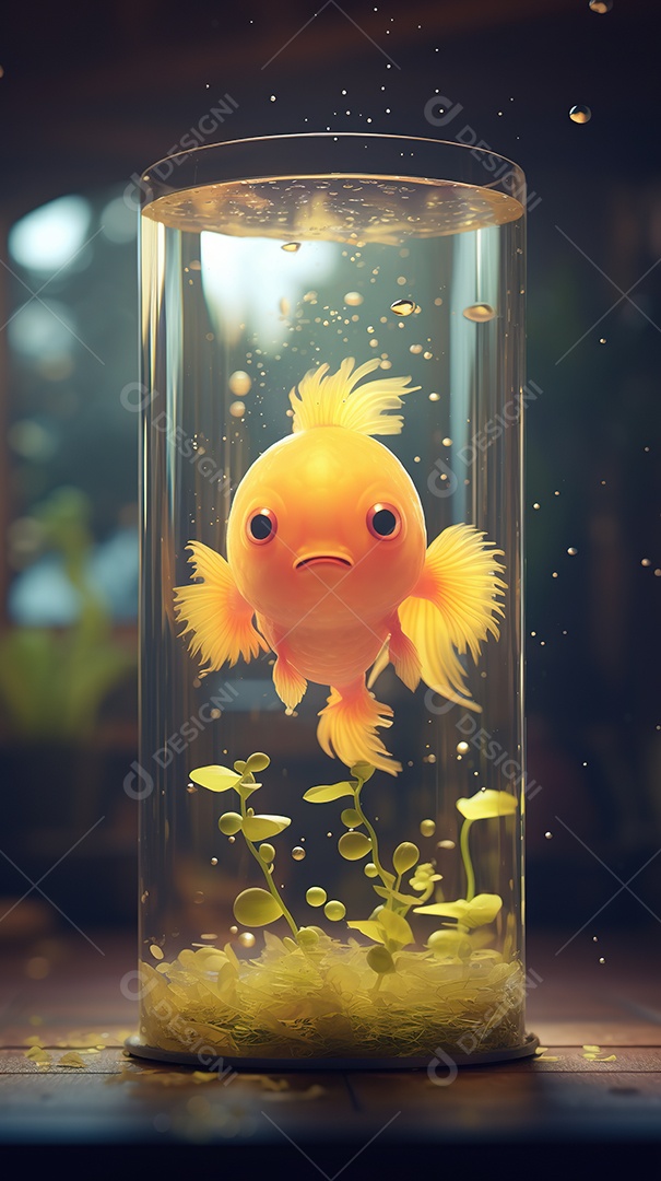 Um lindo peixinho dourado exótico dentro de um aquário cilíndrico
