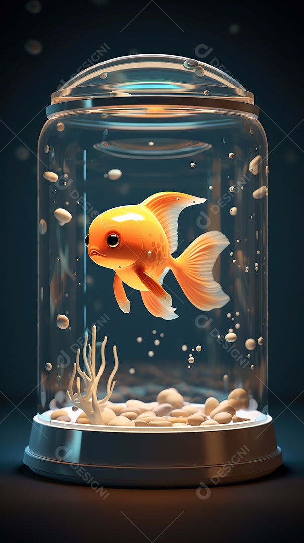 Um lindo peixinho dourado exótico dentro de um aquário cilíndrico