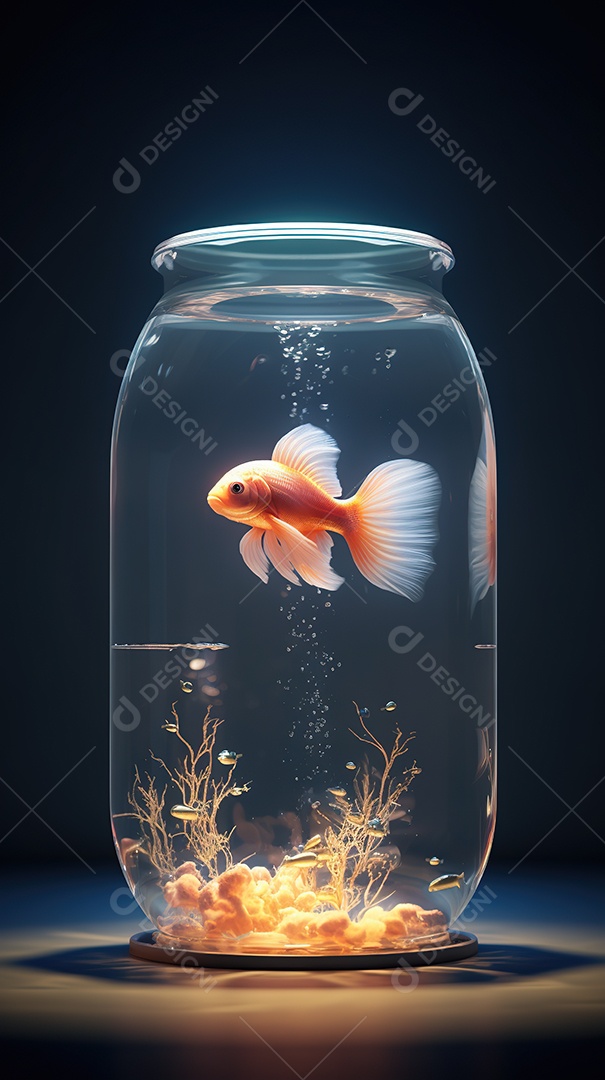 Um lindo peixinho dourado exótico dentro de um aquário cilíndrico