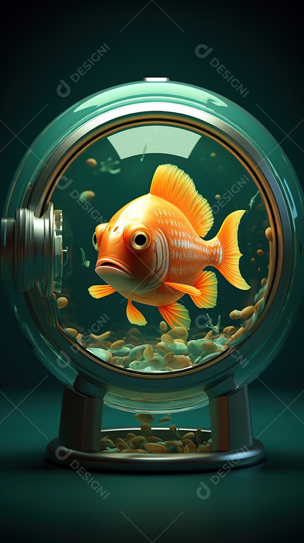 Um lindo peixinho dourado exótico dentro de um aquário cilíndrico