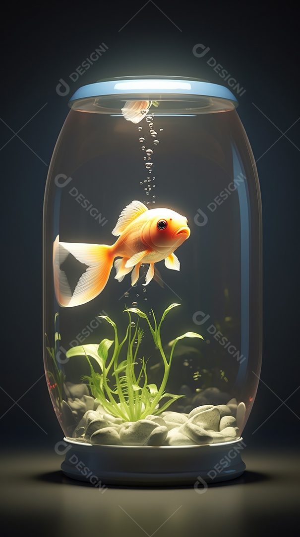 Um lindo peixinho dourado exótico dentro de um aquário cilíndrico