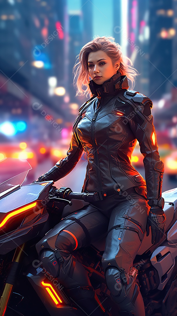 Linda mulher motociclista cyberpunk