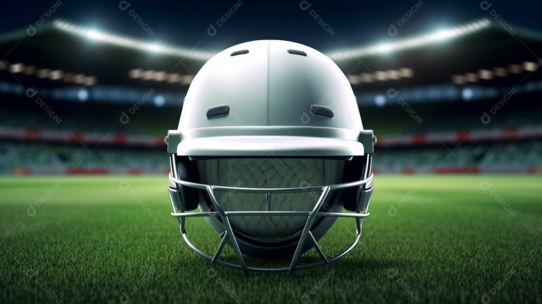 Ilustração 3D do capacete de críquete brilhante na grama.