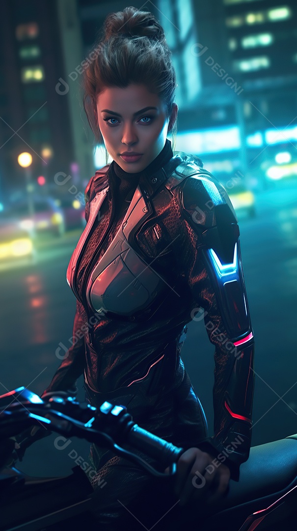 Linda mulher motociclista cyberpunk