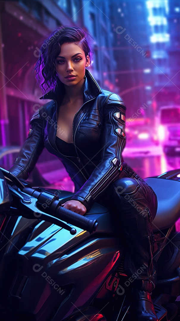 Linda mulher motociclista cyberpunk