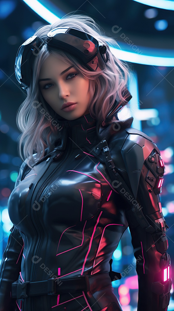 Linda mulher motociclista cyberpunk