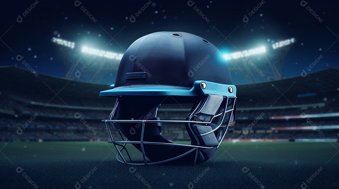 Capacete de críquete brilhante na grama.