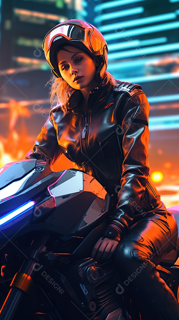 Linda mulher motociclista cyberpunk