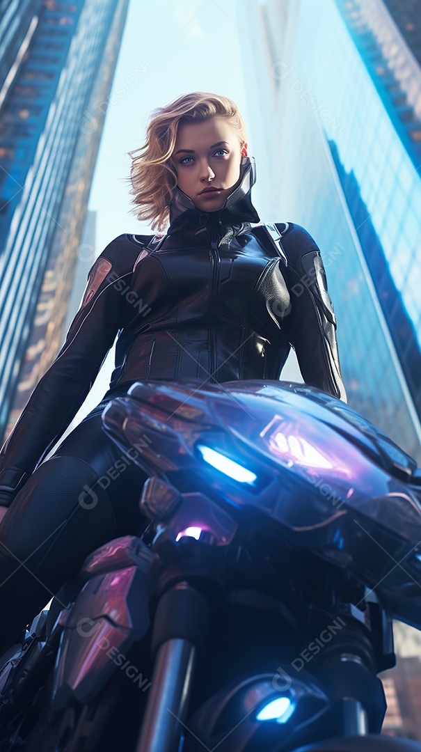 Linda mulher motociclista cyberpunk