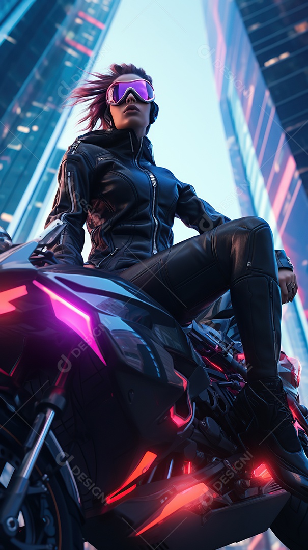 Linda mulher motociclista cyberpunk