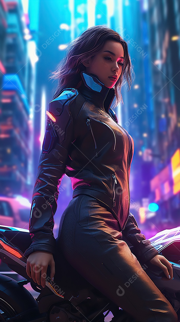 Linda mulher motociclista cyberpunk
