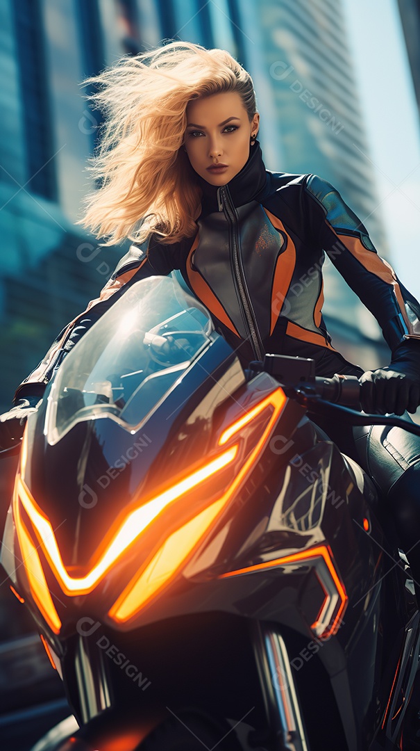 Linda mulher motociclista cyberpunk