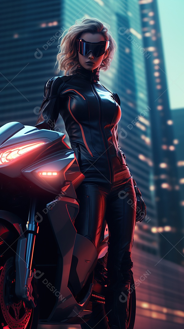 Linda mulher motociclista cyberpunk