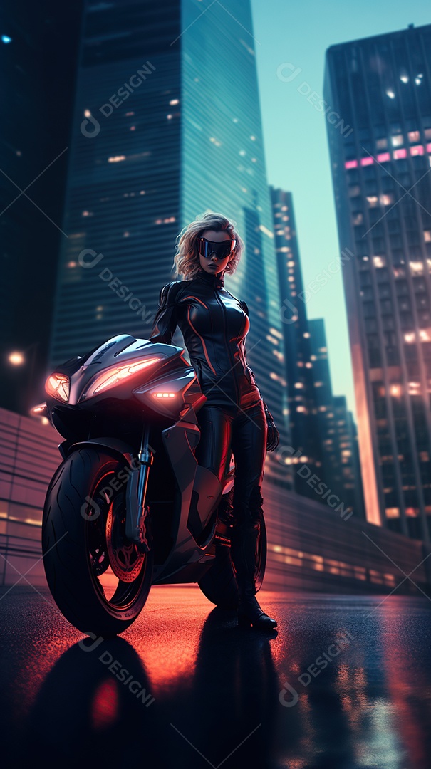 Linda mulher motociclista cyberpunk