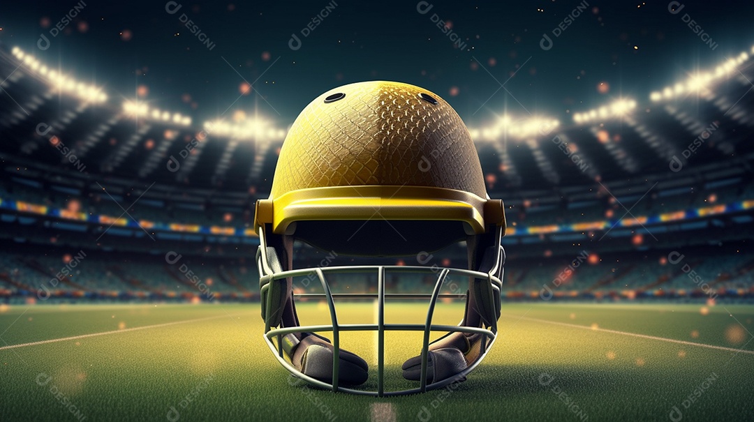 Capacete de críquete brilhante na grama.