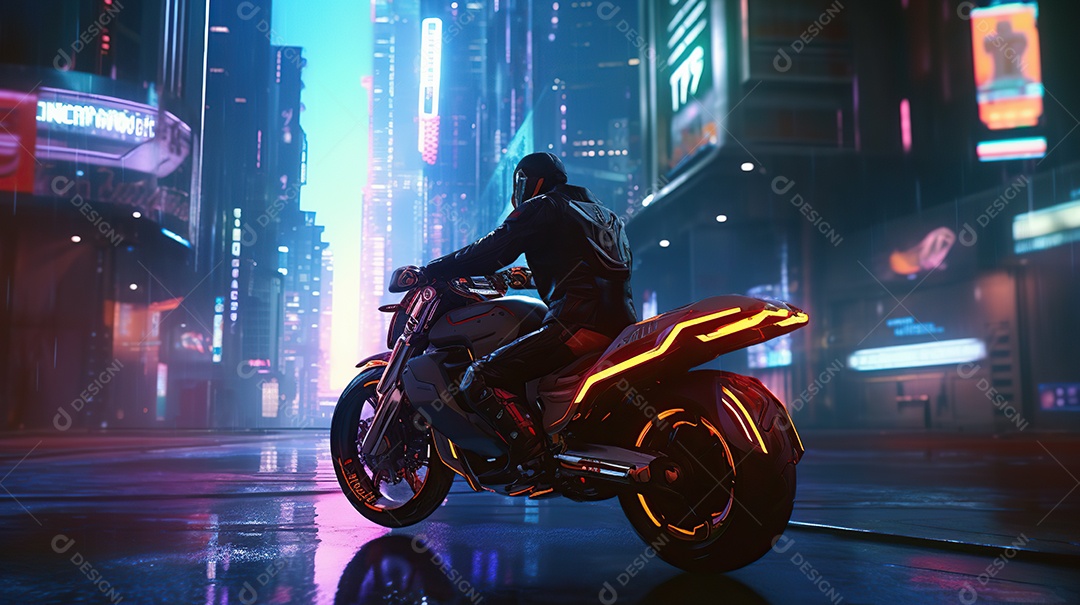 Linda mulher motociclista cyberpunk