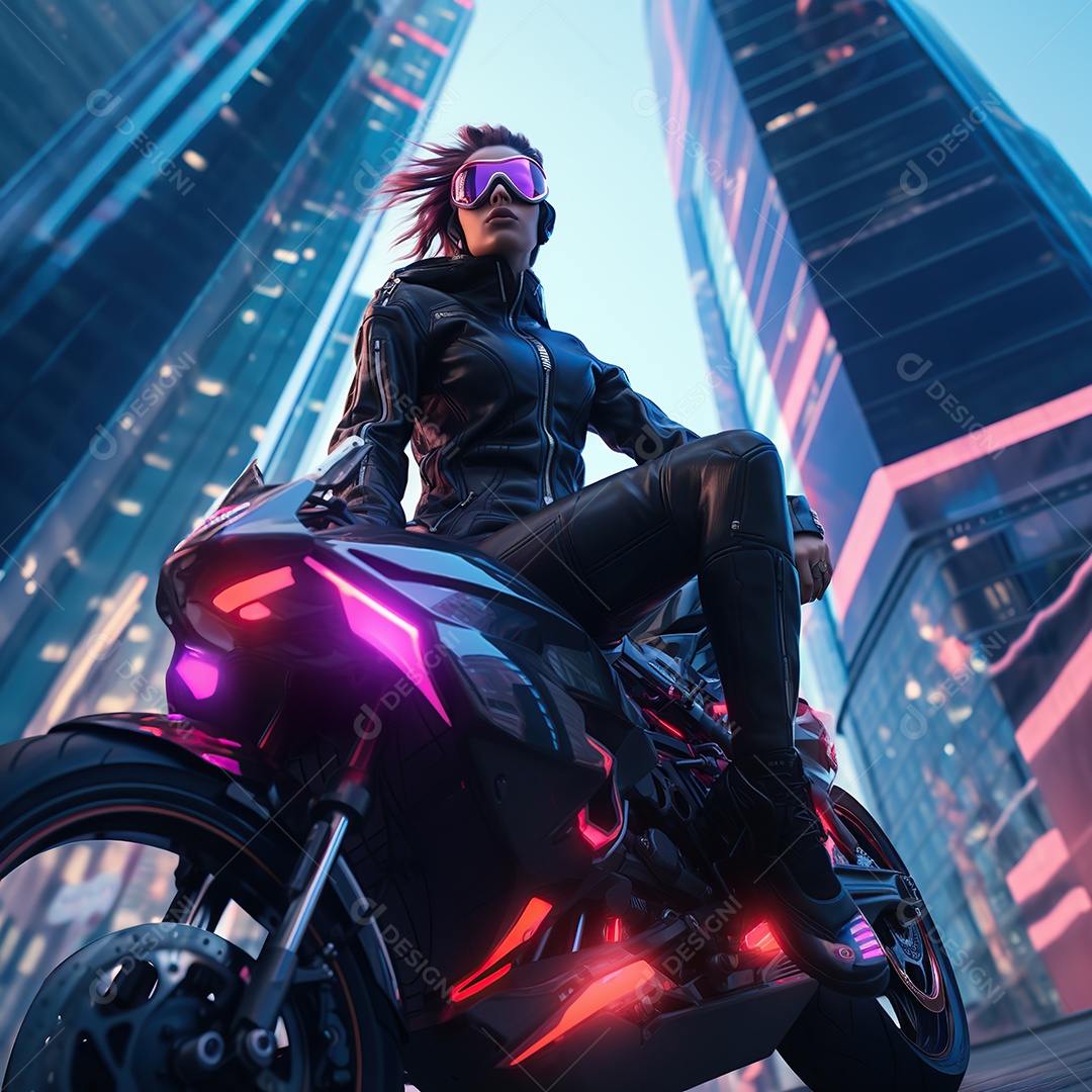 Linda mulher motociclista cyberpunk