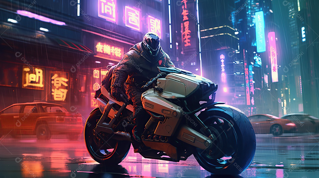 Linda mulher motociclista cyberpunk