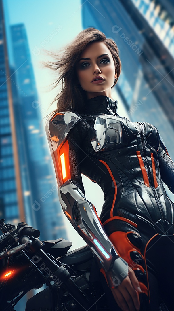 Linda mulher motociclista cyberpunk