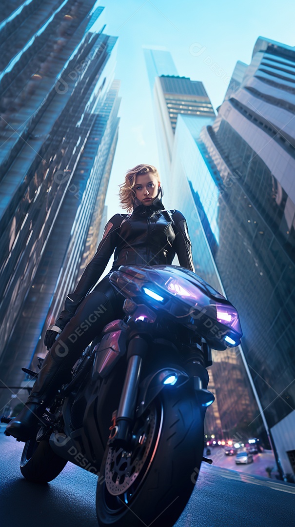 Linda mulher motociclista cyberpunk