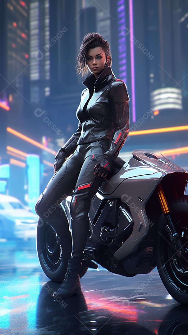 Linda mulher motociclista cyberpunk