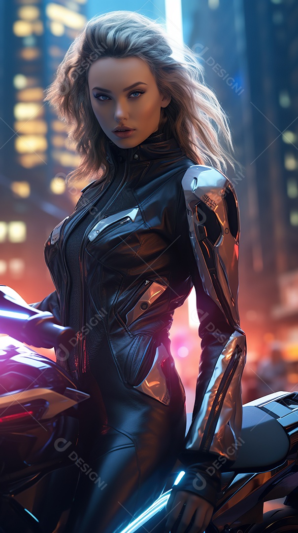 Linda mulher motociclista cyberpunk