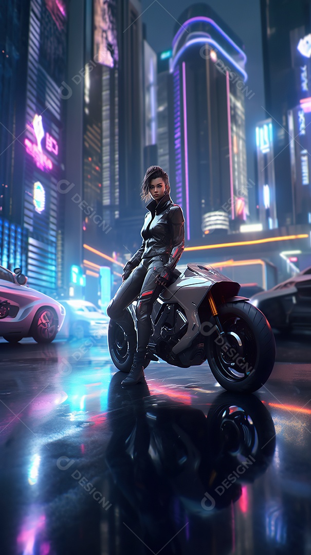 Linda mulher motociclista cyberpunk