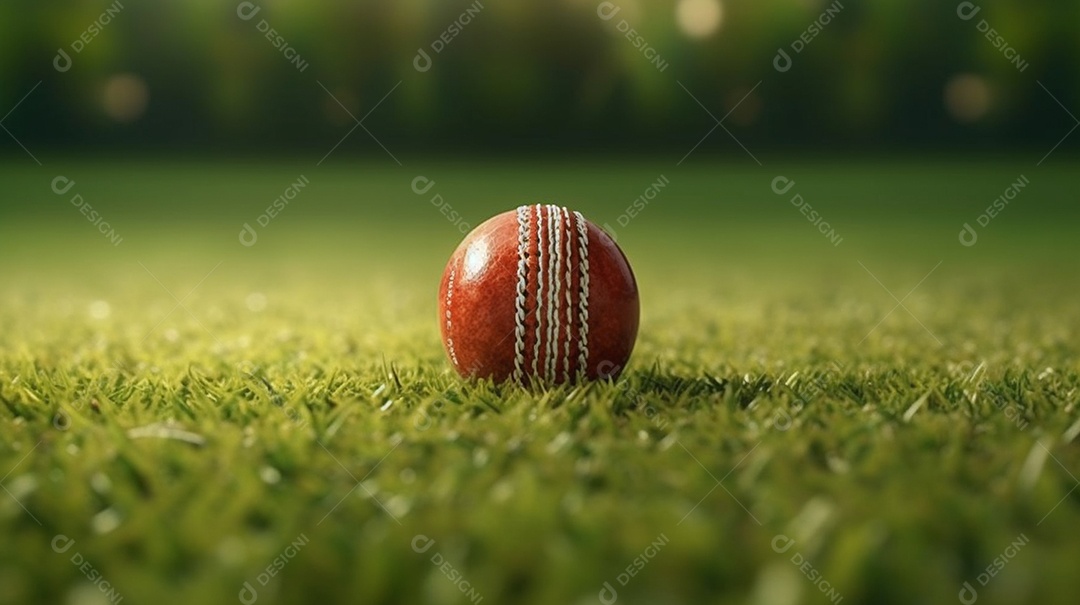 Ilustração 3D de uma bola de críquete brilhante na grama. Esta cena é gerada através de inteligência artificial.