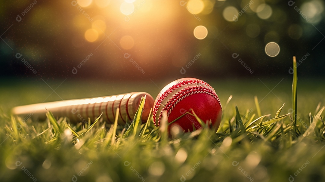 Bola esportiva de críquete de couro vermelho na grama