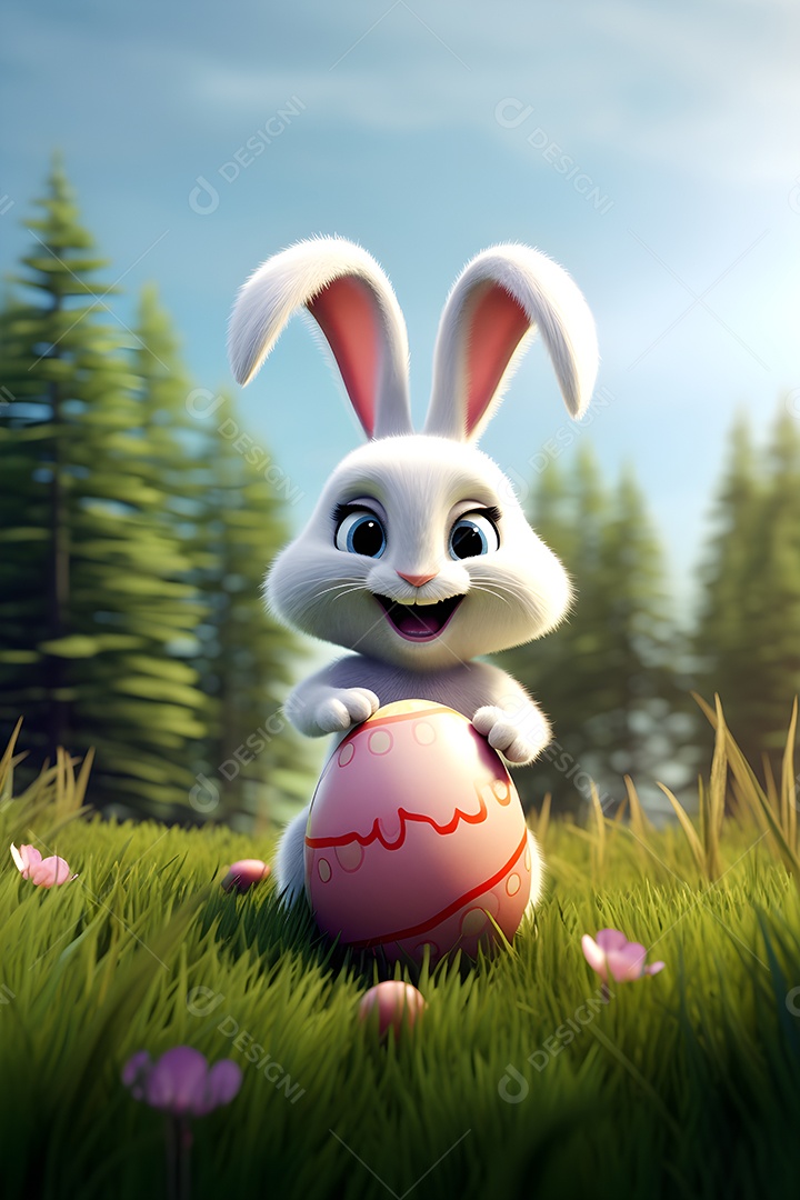 3D Coelho Branco com Ovo Colorido na Montanha Verde