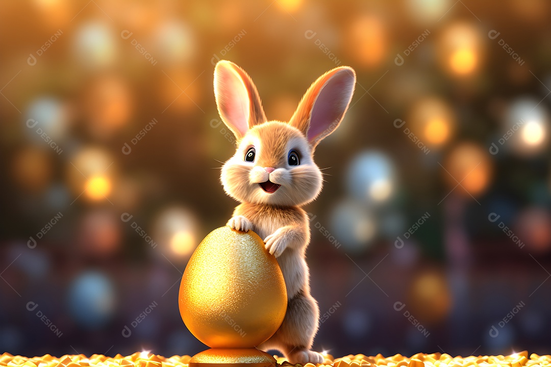 Coelho fofo em um balde cheio de ovos de Páscoa dourados em fundo Bokeh