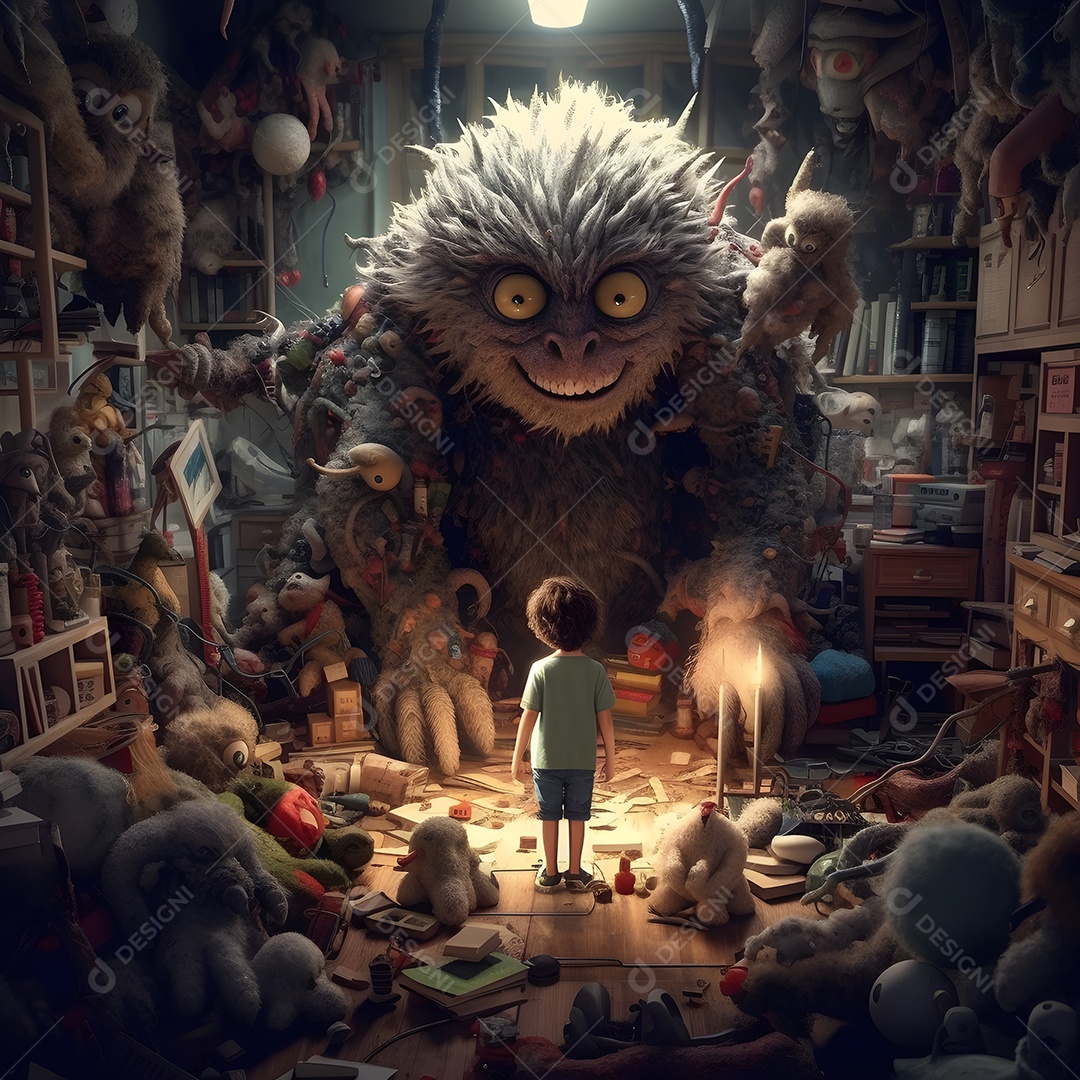 Grande monstro na frente de um garotinho em uma sala