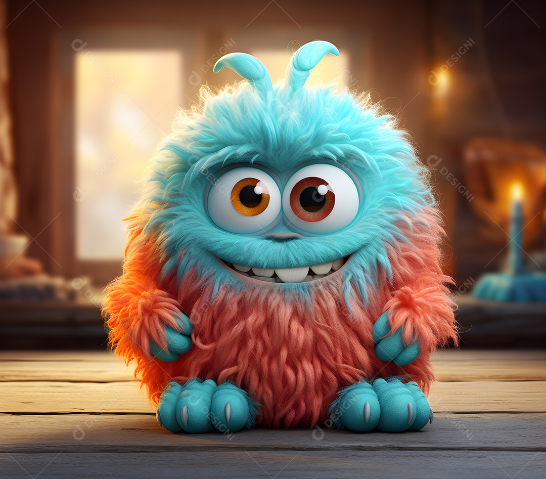 Grande monstro na frente de um garotinho em uma sala