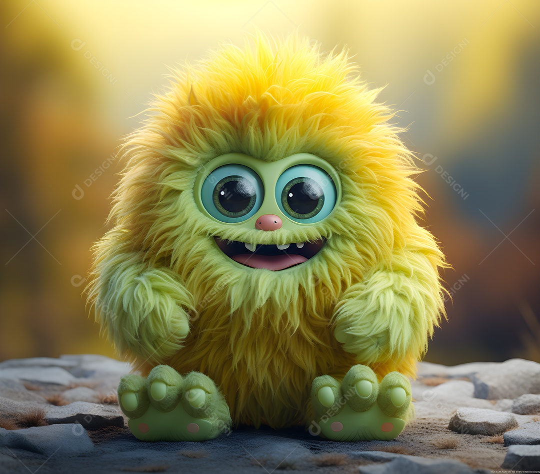 Monstrinho de pelo amarelo fofo em fundo Bokeh
