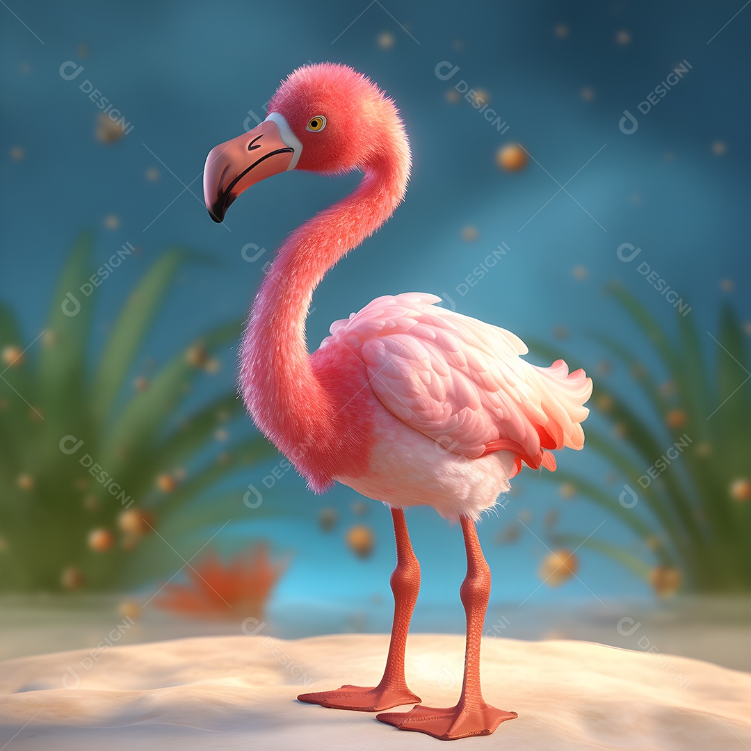 Flamingo rosa fofo em pé na areia