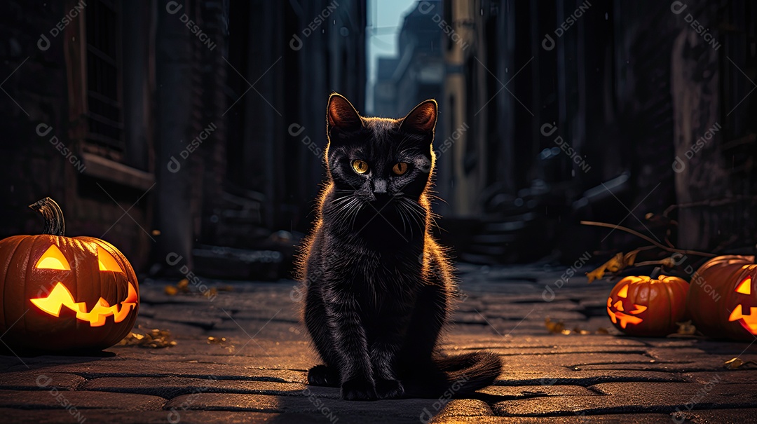 Halloween Um gato preto na frente de um beco escuro
