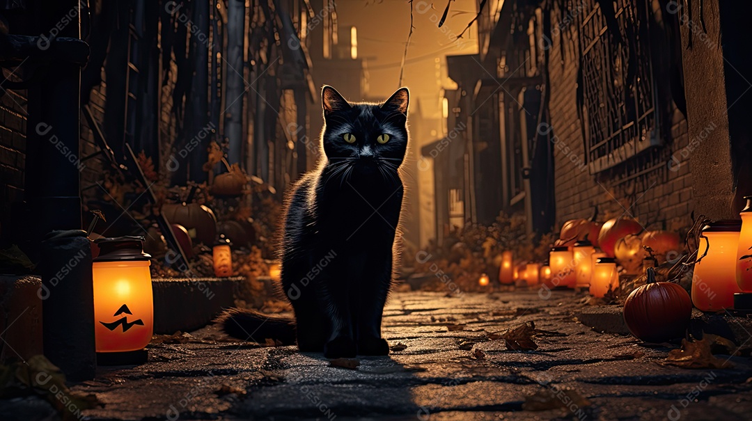 Halloween Um gato preto na frente de um beco escuro