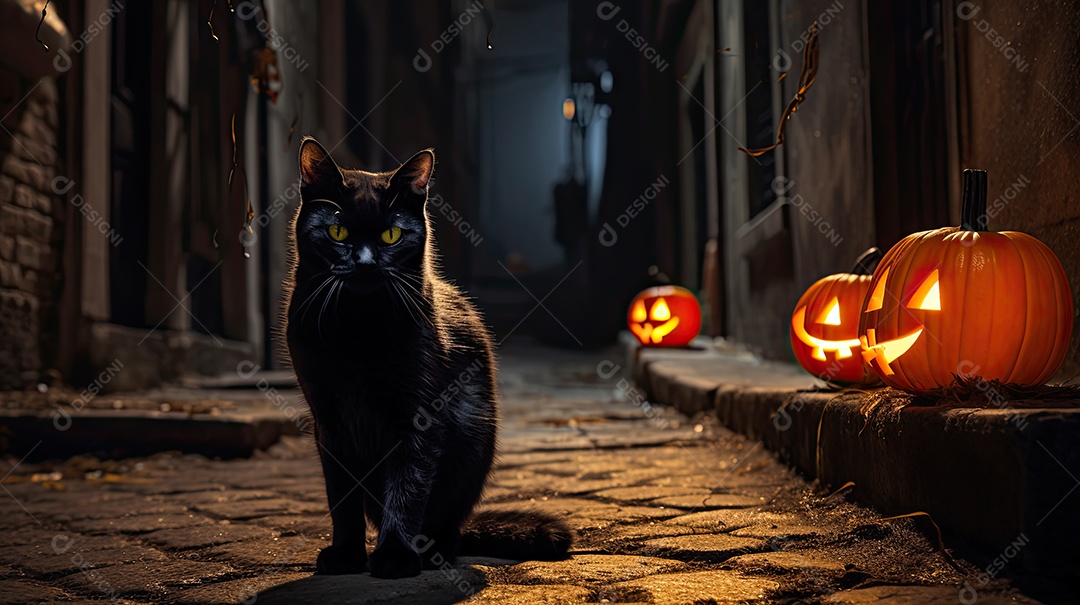 Halloween Um gato preto na frente de um beco escuro