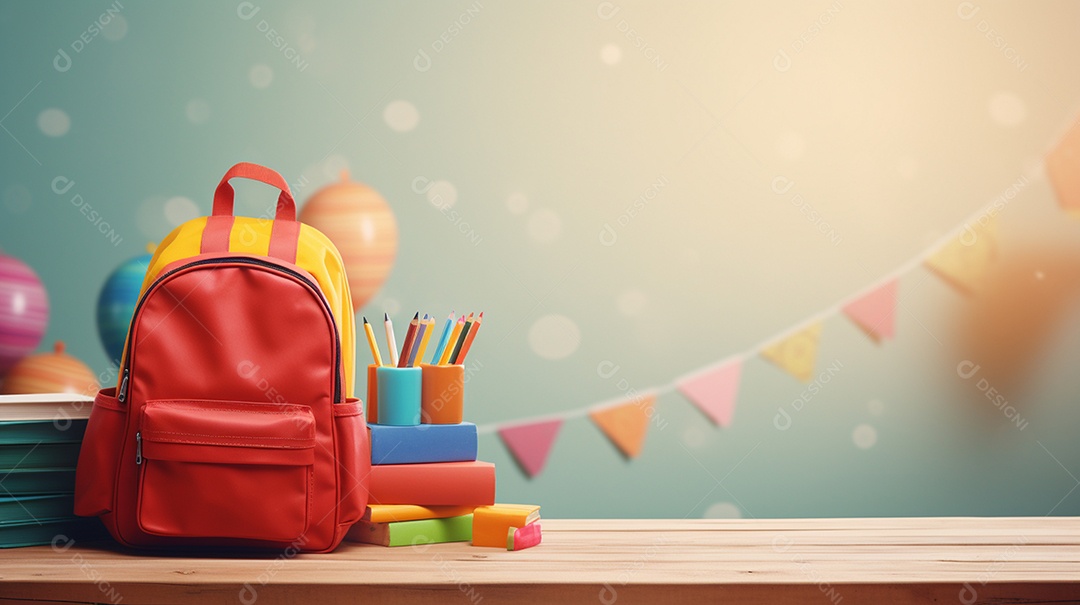 Mochila escolar infantil na volta às aulas. Esta cena é gerada através de inteligência artificial.