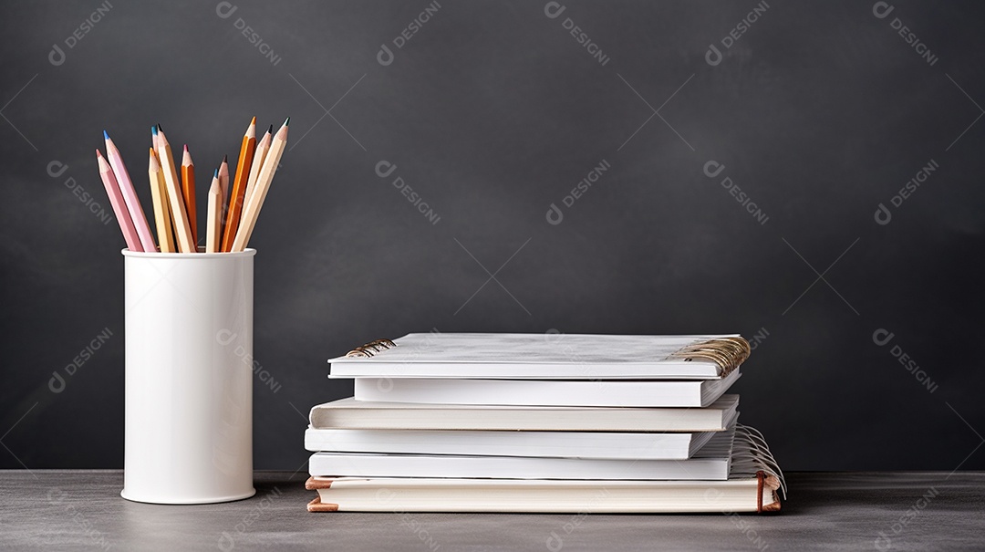 Livros escolares infantis e lápis na mesa. Esta cena é gerada através de inteligência artificial.