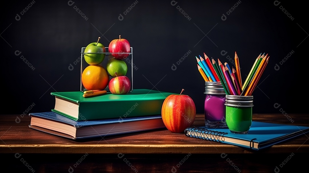 Livros escolares infantis e lápis na mesa. Esta cena é gerada através de inteligência artificial.