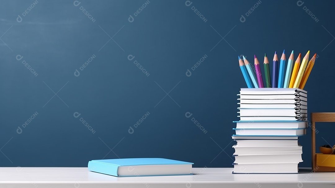 Livros escolares infantis e lápis na mesa. Esta cena é gerada através de inteligência artificial.