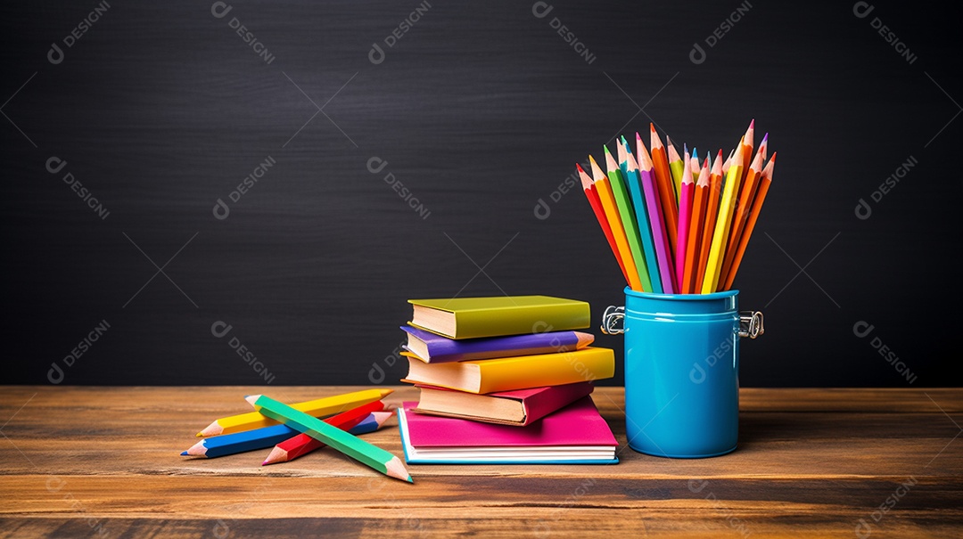 Livros escolares infantis e lápis na mesa. Esta cena é gerada através de inteligência artificial.