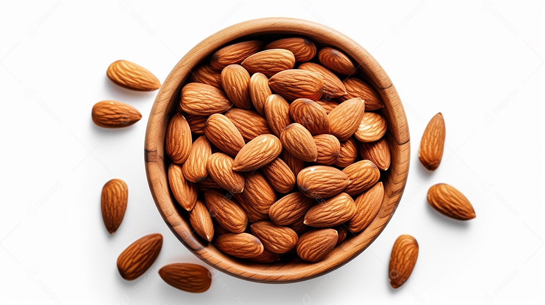 Frasco de vidro cheio de amêndoas na mesa de madeira