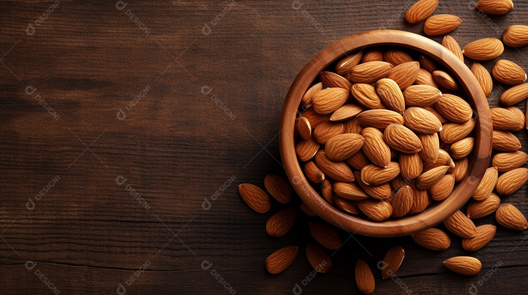 Frasco de vidro cheio de amêndoas na mesa de madeira