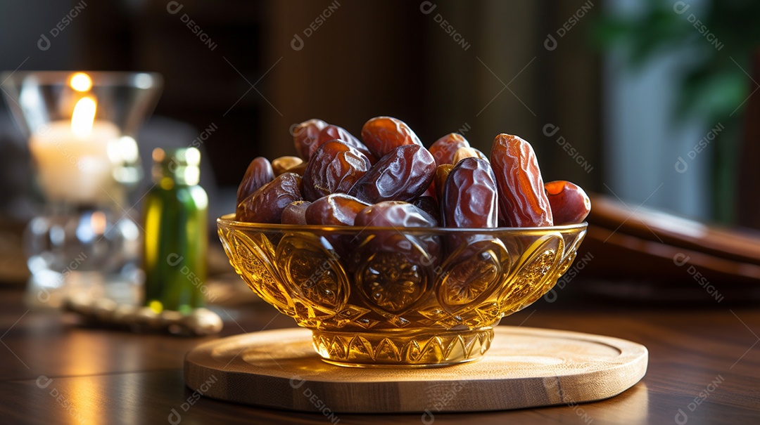Tâmaras suculentas em uma tigela de vidro na mesa de madeira